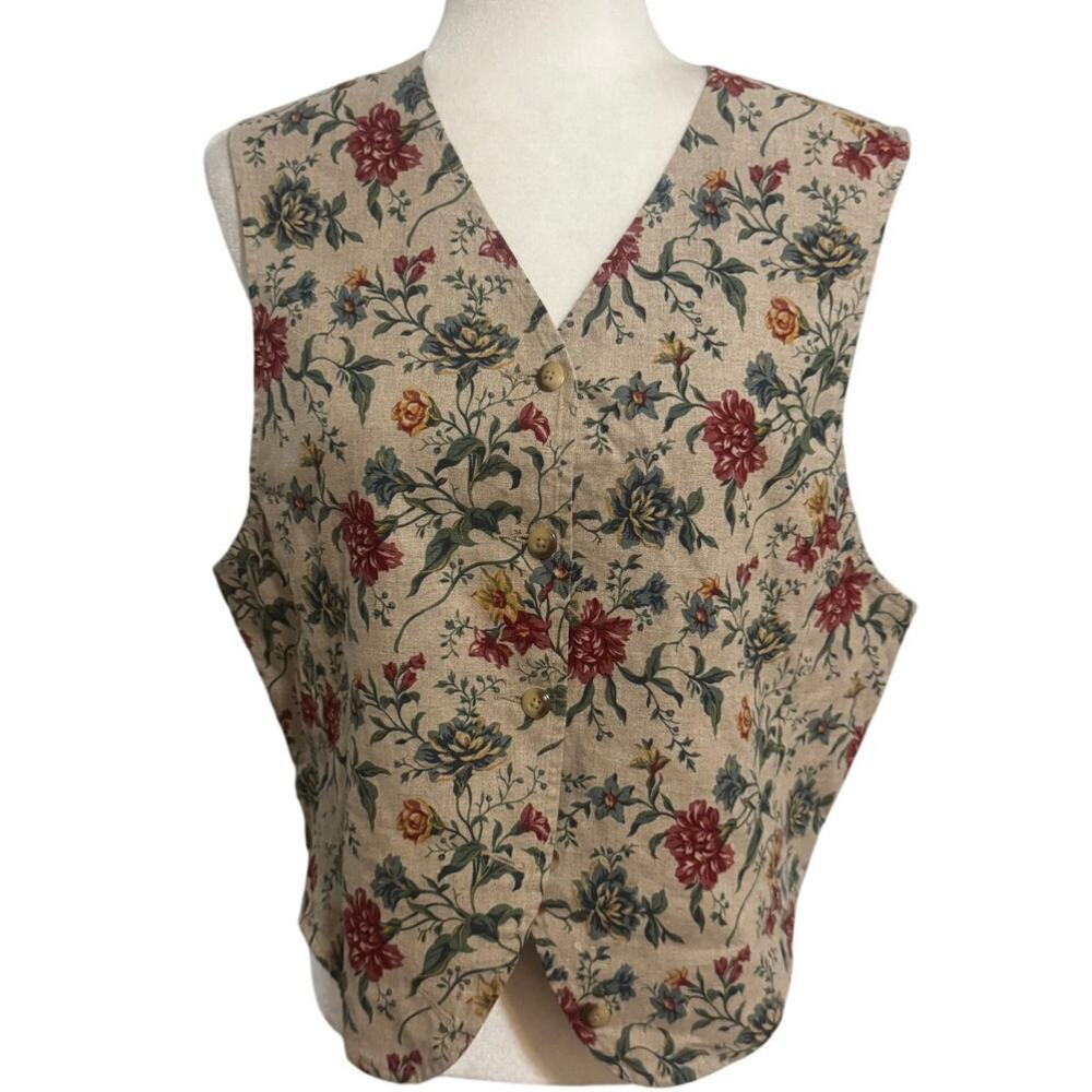 Vintage Liz Sport Floral Linen Blend Vest Cottagecore Prairie Button Front Large